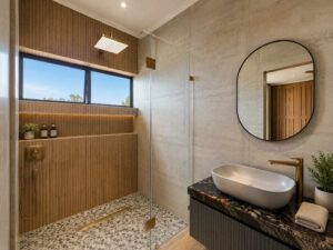 Bathroom vanity at House 671 with a round mirror, stone tiles and timber cabinetry